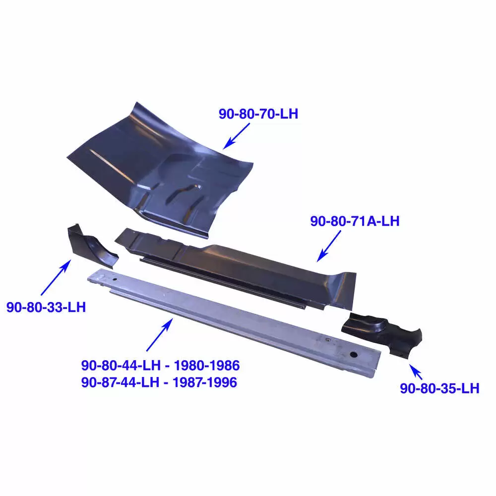 80-98 Ford F350 Pickup Outer Cab Floor Section with Weather Strip Channel - Left Side