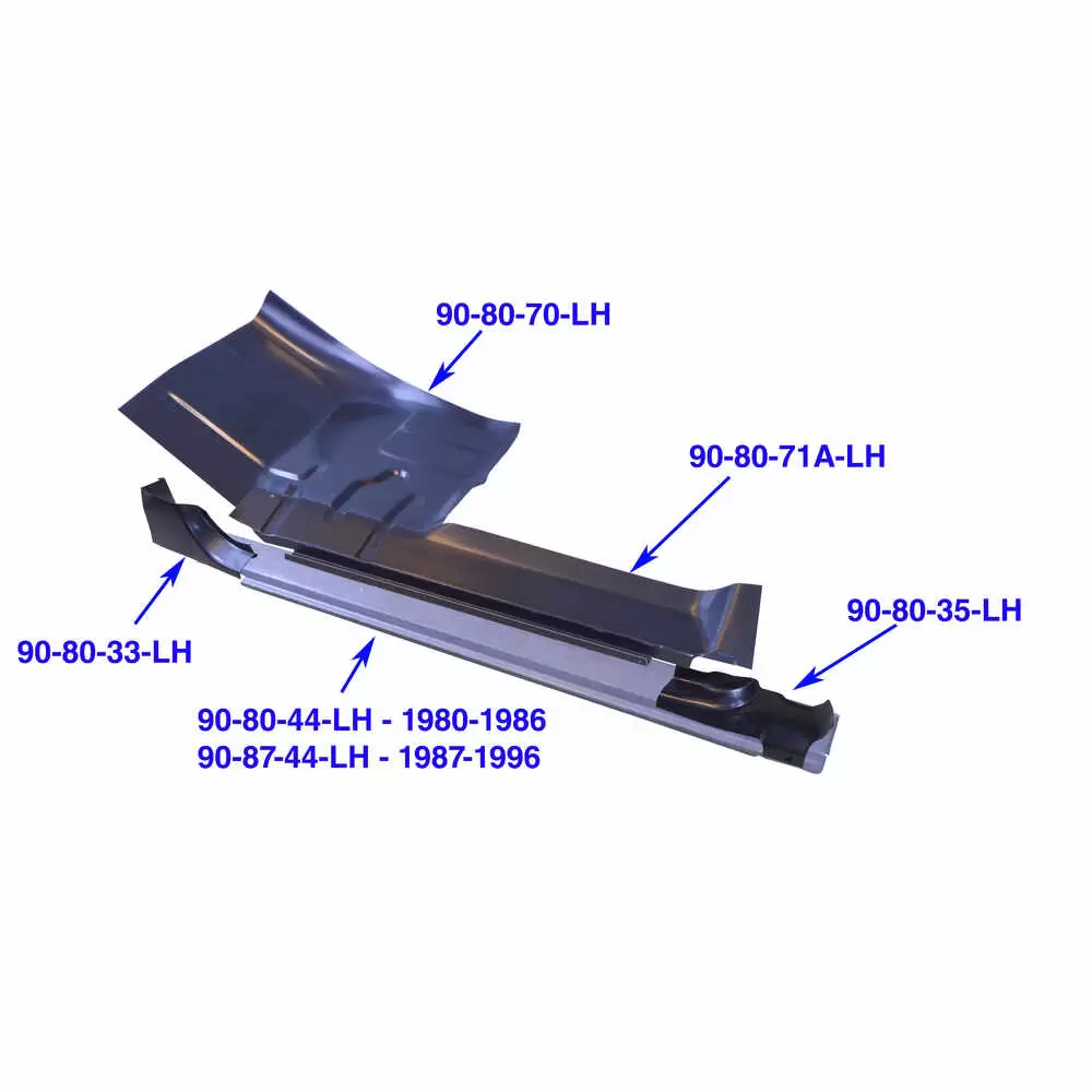 80-98 Ford F350 Pickup Outer Cab Floor Section with Weather Strip Channel - Left Side