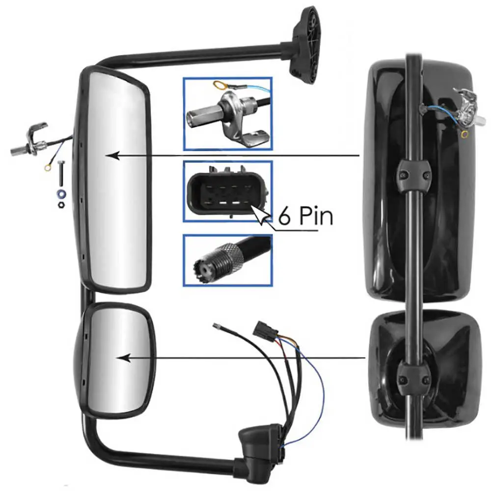 Left Black Heated & Motorized Mirror Assembly with CB Antenna Mount - Driver side