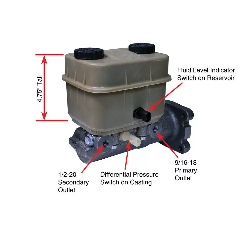 Master Cylinder with 4-3/4" High Reservoir - Fits Freightliner, GM, Workhorse, Ford & IHC