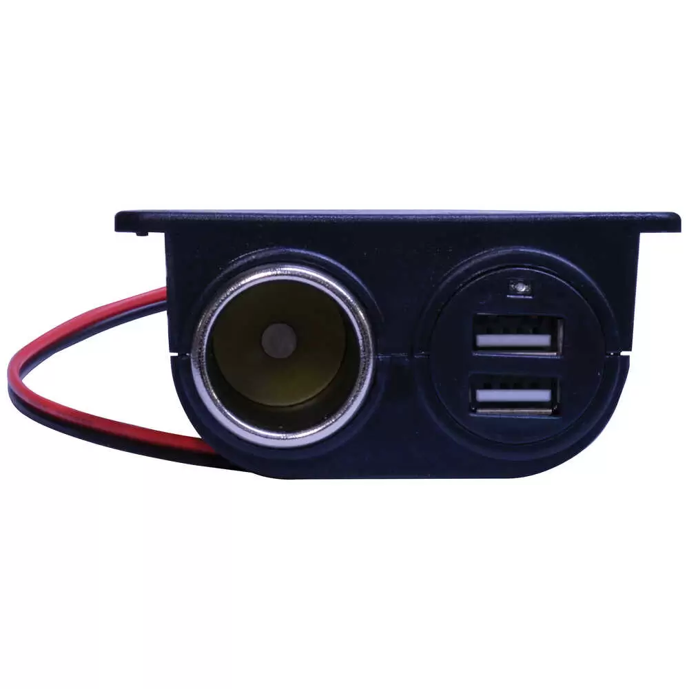 Power Outlet with Cigarette Lighter Style Receptacle and Two 5-Volt USB Ports.