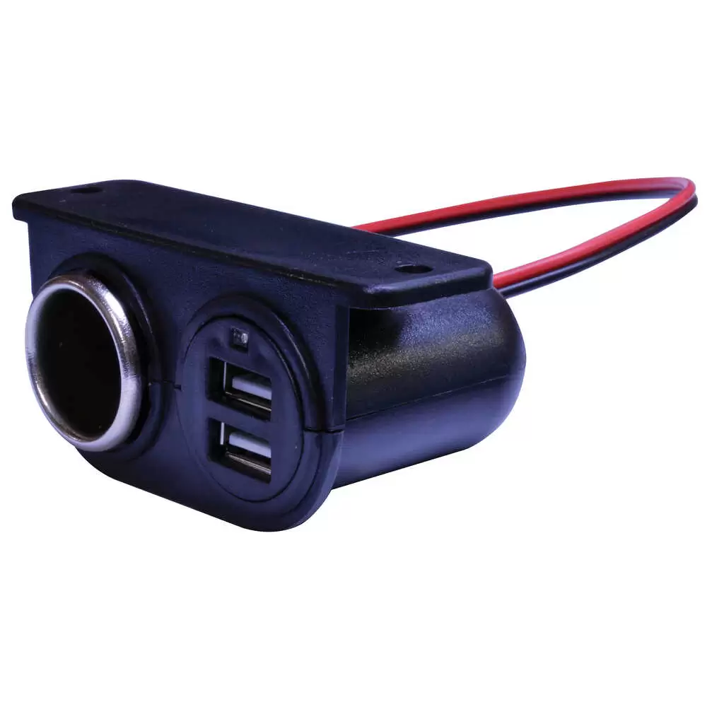 Power Outlet with Cigarette Lighter Style Receptacle and Two 5-Volt USB Ports.