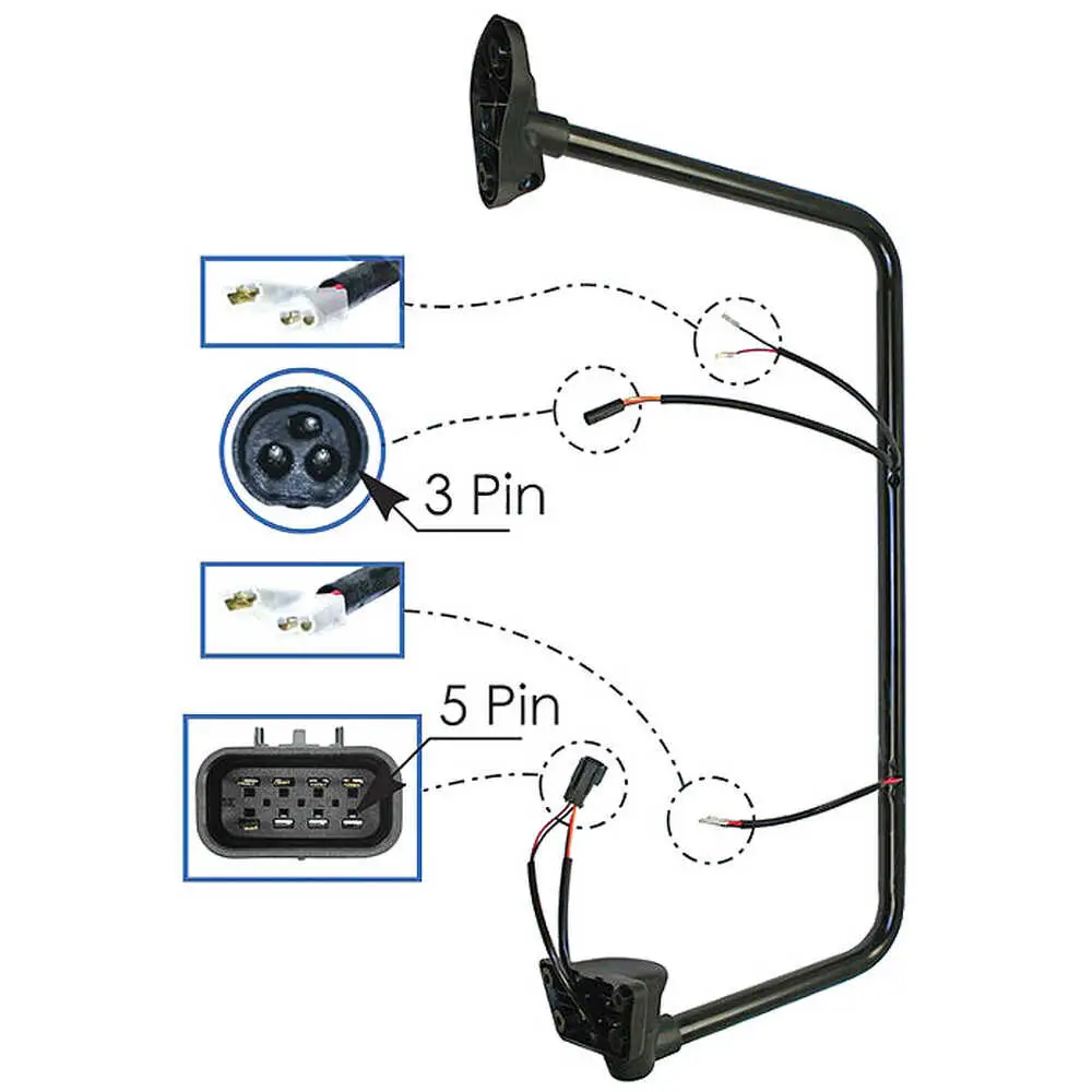 Right mirror loop with wires for heated mirror heads and upper motorized head only - Fits Freightliner M2 106/112, Business Class