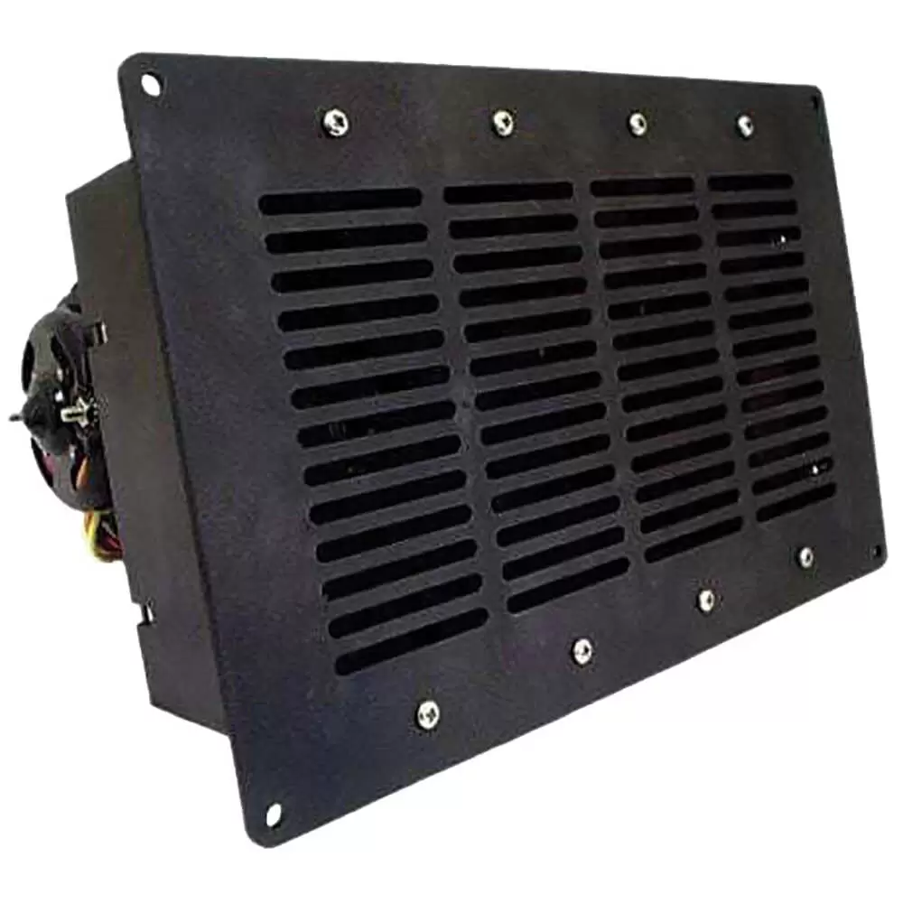Universal wall mount auxiliary heater. 9" Stoker plastic grille face with flange. 26,000 BTU, 200 CFM, 12VDC