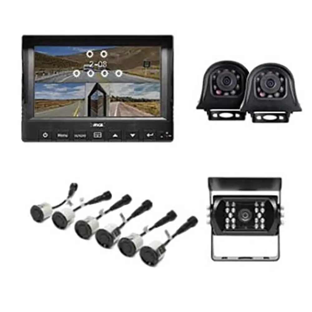 Wired 3 Camera System with 6 Sensors - 7" Monitor - 1 Rearview Camera - 2 Side Blind Spot Cameras