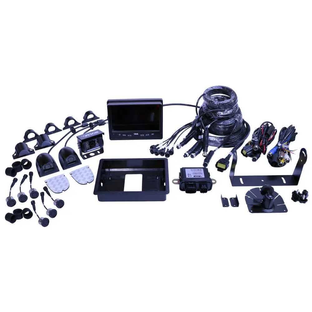 Wired 3 Camera System with 6 Sensors - 7" Monitor - 1 Rearview Camera - 2 Side Blind Spot Cameras
