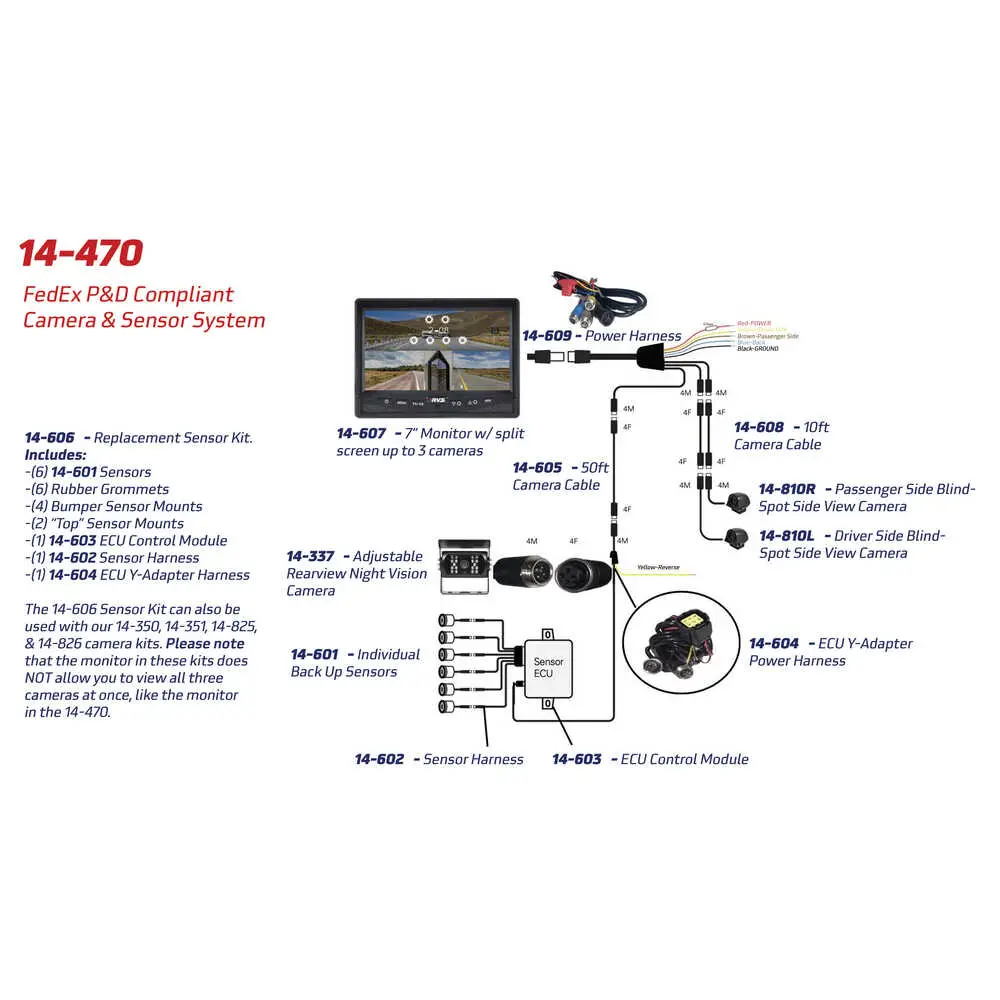 Wired 3 Camera System with 6 Sensors - 7" Monitor - 1 Rearview Camera - 2 Side Blind Spot Cameras - FedEx P&D Compliant